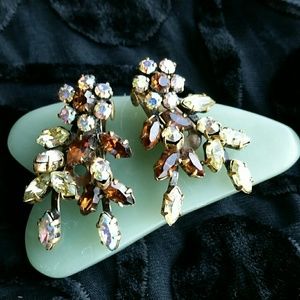 Vintage Austria Signed Rare Aurora Borealis Rhinestones Clip Earrings